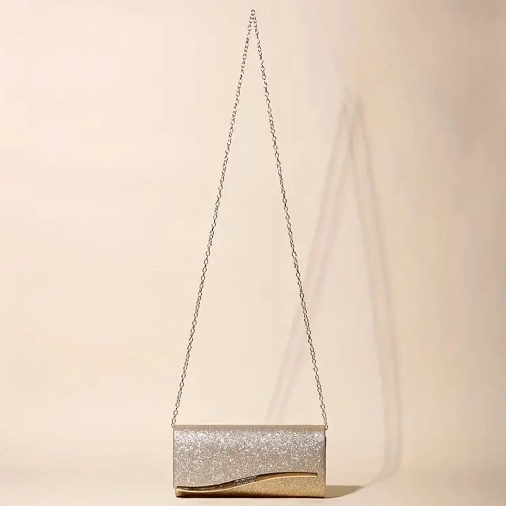 Golden Glitter Evening Clutch Bag, Elegant Small Crossbody with Chain Strap